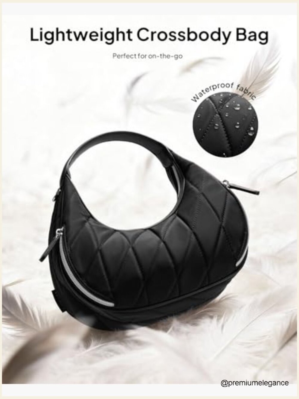 Quilted Nylon Crescent Crossbody Bag with Chain Strap, Lightweight Hobo Purse - Picture 7 of 7